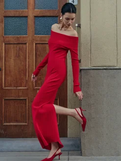 Elegant Off-Shoulder Sweater Long Dress
