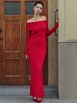 Elegant Off-Shoulder Sweater Long Dress