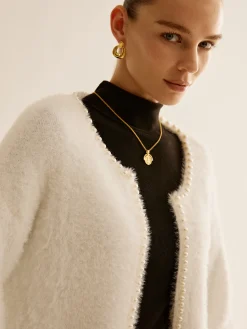 Elegant Pearl Trim Fuzzy Cardiagn