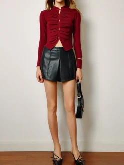 Elegant Pleated Slit Slim Blouse