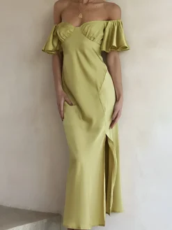Elegant Ruffle Sleeve Split Long Dress
