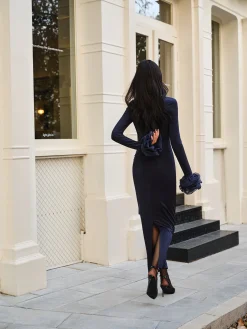 Elegant Ruffle Split Jersey Long Dress