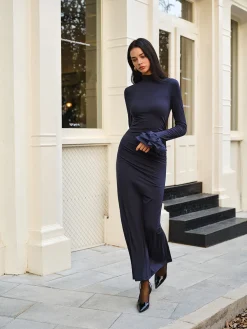 Elegant Ruffle Split Jersey Long Dress