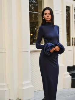 Elegant Ruffle Split Jersey Long Dress