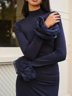 Elegant Ruffle Split Jersey Long Dress