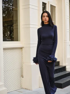 Elegant Ruffle Split Jersey Long Dress