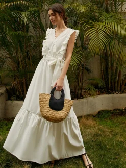 Elegant Ruffle Trim Belted Long Dress