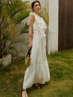 Elegant Ruffle Trim Belted Long Dress