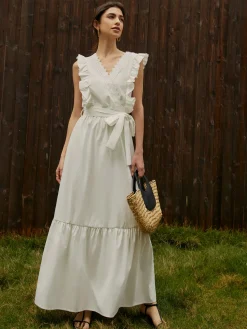 Elegant Ruffle Trim Belted Long Dress
