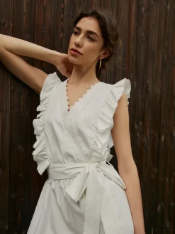 Elegant Ruffle Trim Belted Long Dress