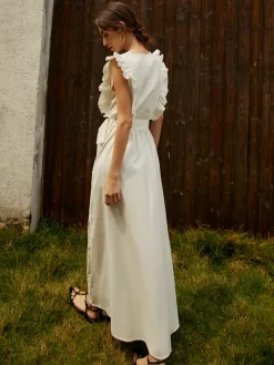 Elegant Ruffle Trim Belted Long Dress