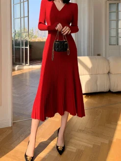 Elegant V-Neck Pleated Dress