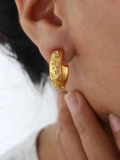Embossed Pattern Zircon Hoop Earrings