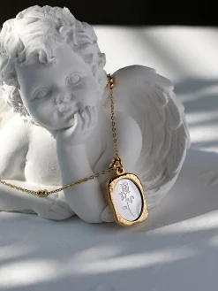 Embossed Rose Square Pendant Necklace