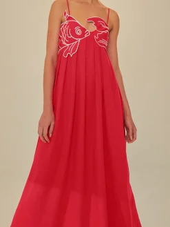 Embroidered Fish Spaghetti Strap Midi Dress