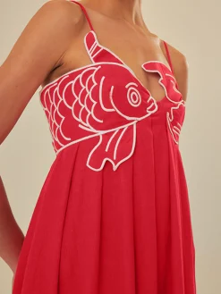 Embroidered Fish Spaghetti Strap Midi Dress