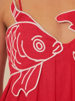 Embroidered Fish Spaghetti Strap Midi Dress