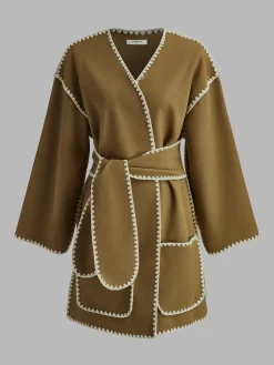 Embroidered Piping Wide Belted Coat