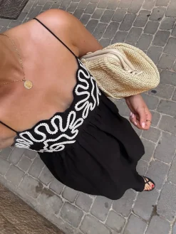 Embroidered Shirred Spaghetti Strap Long Dress