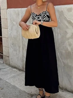 Embroidered Shirred Spaghetti Strap Long Dress