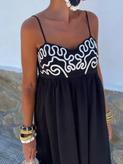 Embroidered Shirred Spaghetti Strap Long Dress