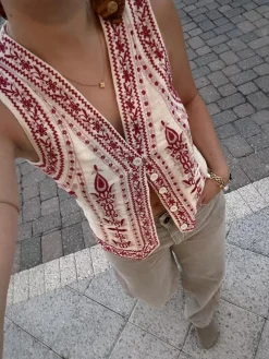 Embroidered Sleeveless Belted Back Vest