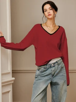Embroidered Trim Draped Shoulder Knit Top