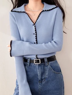 Embroidered Trim Lapel Cardigan