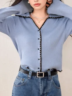 Embroidered Trim Lapel Cardigan