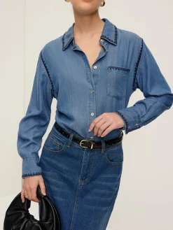 Embroidered Trim Lapel Denim Shirt