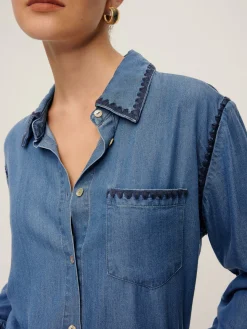 Embroidered Trim Lapel Denim Shirt