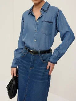 Embroidered Trim Lapel Denim Shirt