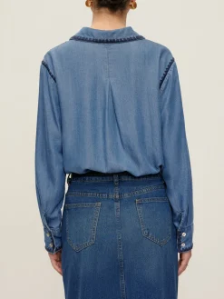 Embroidered Trim Lapel Denim Shirt