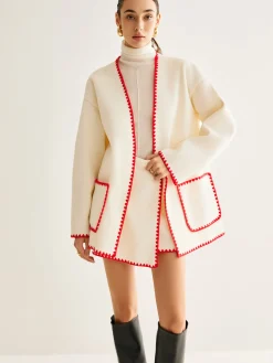 Embroidered Trim Tweed Coat With Scarf