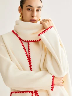 Embroidered Trim Tweed Coat With Scarf