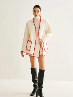 Embroidered Trim Tweed Coat With Scarf