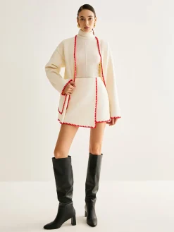 Embroidered Trim Tweed Coat With Scarf