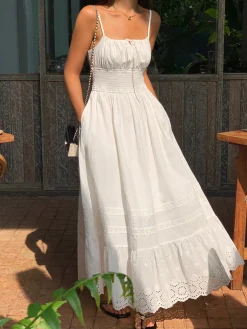 Embroidery Shift Shirred Long Dress