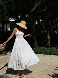 Embroidery Shift Shirred Long Dress