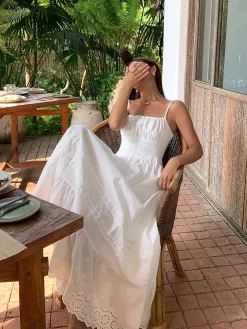 Embroidery Shift Shirred Long Dress