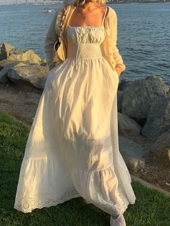 Embroidery Shift Shirred Long Dress