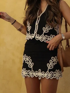 Embroidery Sleeveless Zipper Skirt Set