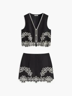 Embroidery Sleeveless Zipper Skirt Set