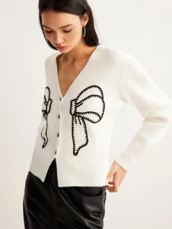 Embroidery-Bow Button Short Cardigan