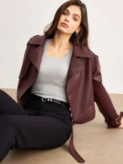 Faux Leather Belted Short Jacket