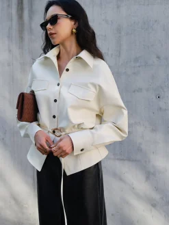 Faux Leather Button Polo Shirt Without Belt