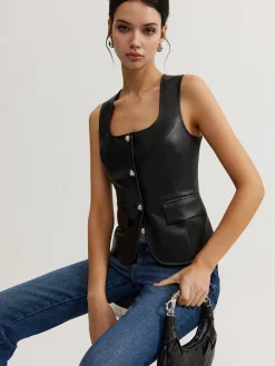 Faux Leather Button Vest