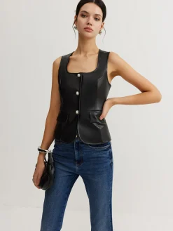 Faux Leather Button Vest