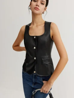 Faux Leather Button Vest