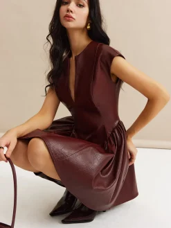 Faux Leather Panel Pleated Dress